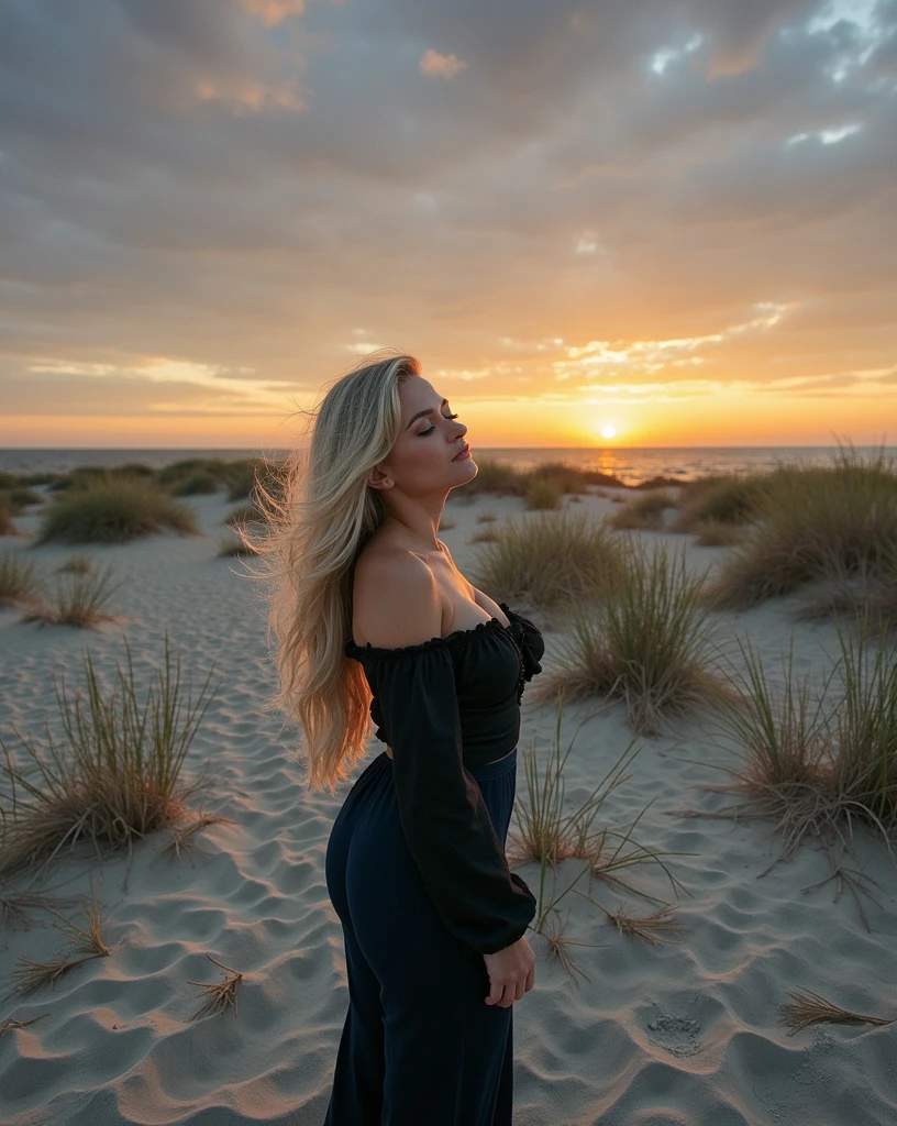 a blonde(white) girl with reasonably large breasts and a reasonably large ass (spicy photos with lifestyle are mixed) in a sunset