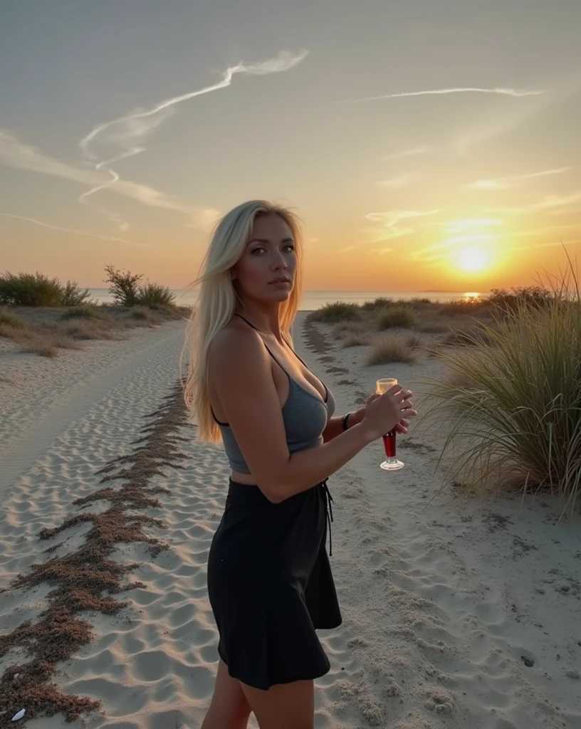 a blonde(white) girl with reasonably large breasts and a reasonably large ass (spicy photos with lifestyle are mixed) in a sunset
