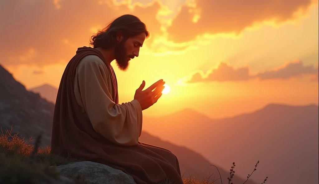 Create a highly realistic and detailed image of Jesus Christ praying on his knees on a mountaintop. Jesus should be portrayed with a serene and contemplative expression, with his face visibly illuminated by the light of the setting sun. He wears traditional, detailed and richly textured clothing. The background should feature a stunning sky with a vibrant sunset, where the warm, golden colors of the evening blend smoothly into the sky. The sunlight should highlight and enhance the face of Jesus, providing an aura of tranquility and reverence. The surrounding scenery should be mountainous and natural, contributing to the feeling of peace and spirituality