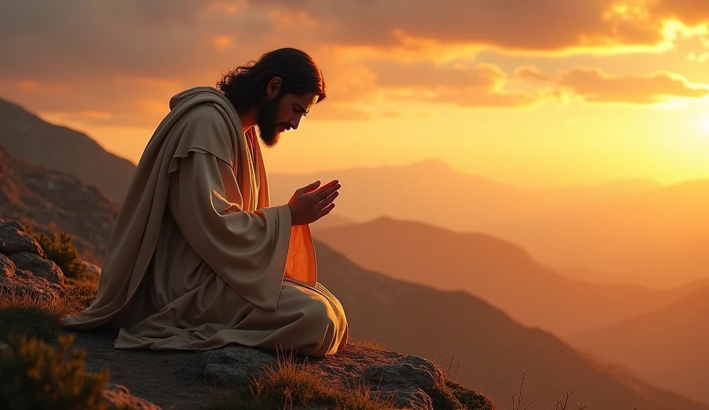 Create a highly realistic and detailed image of Jesus Christ praying on his knees on a mountaintop. Jesus should be portrayed with a serene and contemplative expression, with his face visibly illuminated by the light of the setting sun. He wears traditional, detailed and richly textured clothing. The background should feature a stunning sky with a vibrant sunset, where the warm, golden colors of the evening blend smoothly into the sky. The sunlight should highlight and enhance the face of Jesus, providing an aura of tranquility and reverence. The surrounding scenery should be mountainous and natural, contributing to the feeling of peace and spirituality