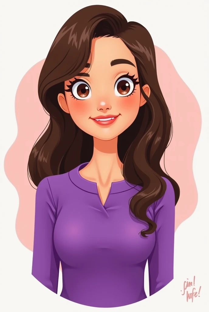 I want to create an image of a brunette woman, straight hair and have your hair down , that she has a purple blouse and is a cartoon that is not too chubby or skinny