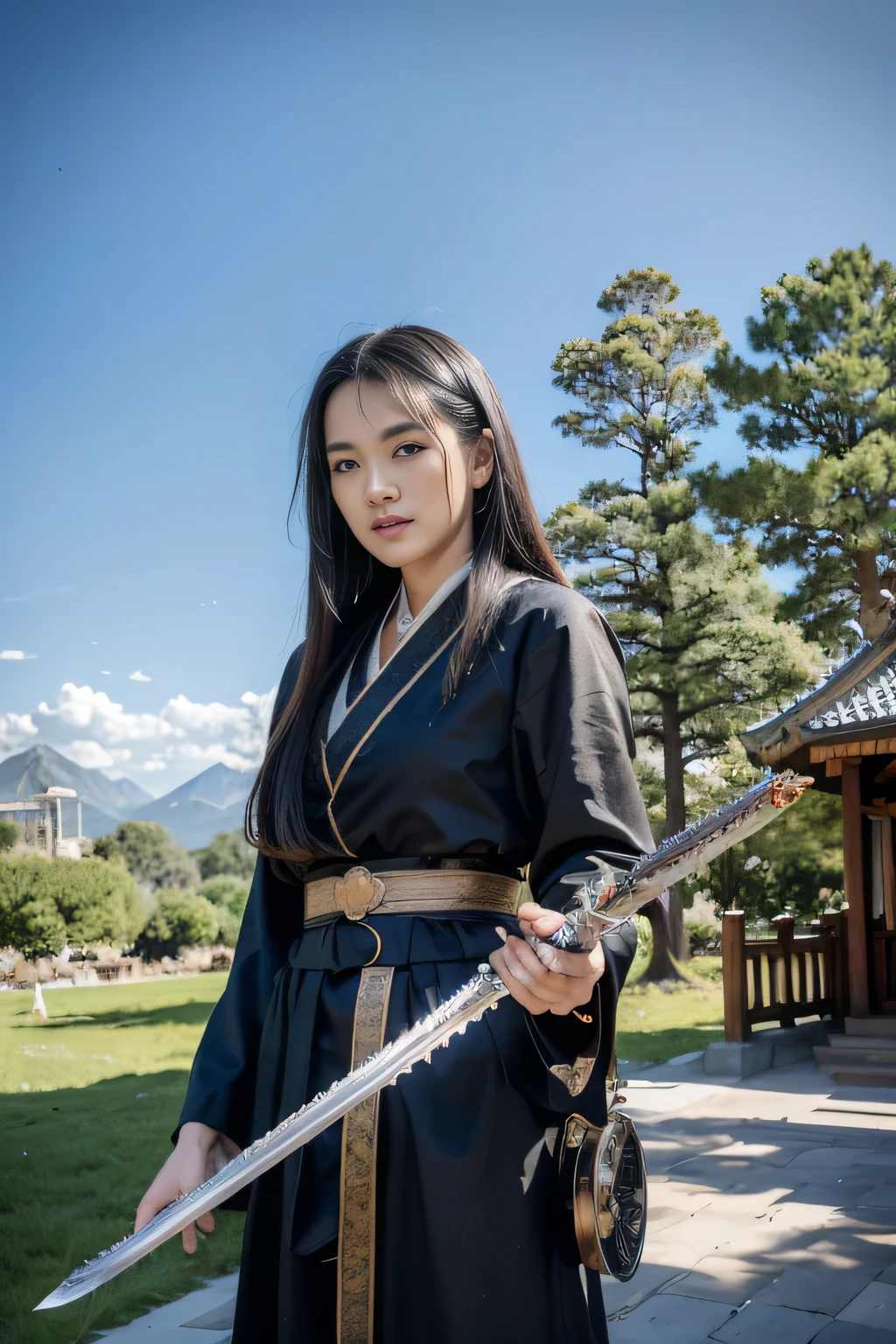 UHD,masterpiece,award winning,best quality,highres,8k,high details,(A woman:1.6),Perfect face,long black hair,Chinese ancient hair accessories,blonde hair accessories,(Face the lens:1.4),(Handheld sword:1.5),Hand-held scabbard,ancient chinese robes,Martial arts,outlaw star,bougu,jump up,There's a dragon behind,Chinese Dragon,Patron saint,The background is mountains and trees,Mountain,Pavilion,pine tree,Bright Sky,white cloud,a cloudy sky,loong,,ancient oriental architecture,ancient chinese architecture,