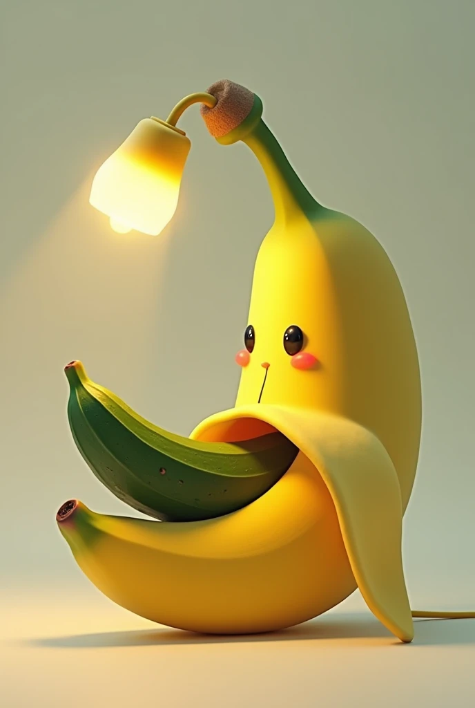 A banana shaped like a lamp eating a cucumber