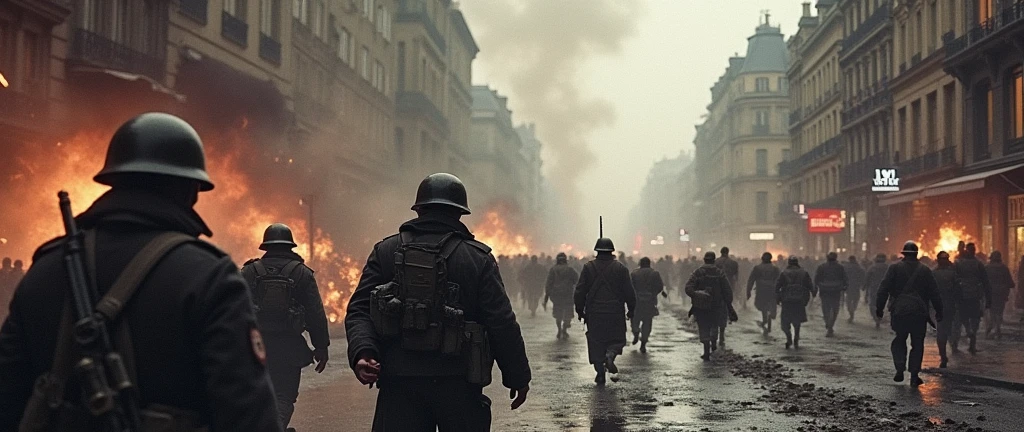 1940; (masterpiece, best quality) destroyed city (Paris) army attacking a city