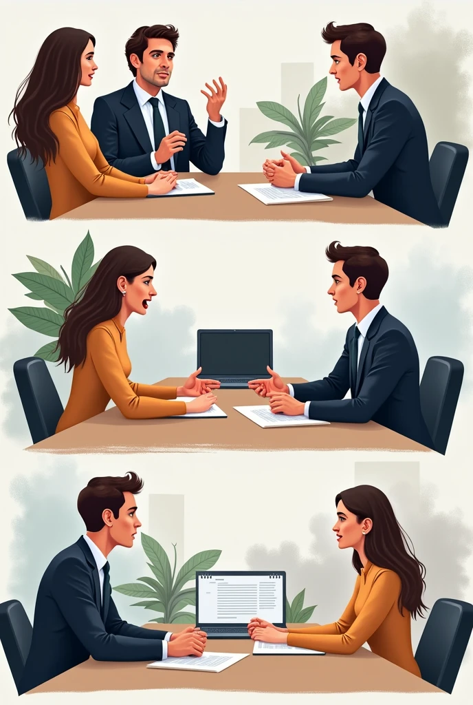 Image of two coworkers ,anna and luis ,in a office,arguing heatedly .
Image 2 Sofia ,the mediator ,hablando con anna and luis por separado en oficinas diferentes ,worried expressions .
Imagen 3 Sofía reunida con anna and luis en una sola de conferencias ,with both sitting facing each other .
Imagen 4 Sofía facilitando una discusión entre anna and luis ,showing both of them talking while Sofia listens .
Image 5 Ana and Luis holding hands, with an agenda and calendar on the table,smiling.
Imagen 6 Sofía revisando con anna and luis un acuerdo escrito sobre el calendario y reuniones .