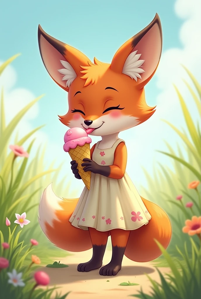 A fox in a summer dress licking an ice cream on a summer background, realisitic