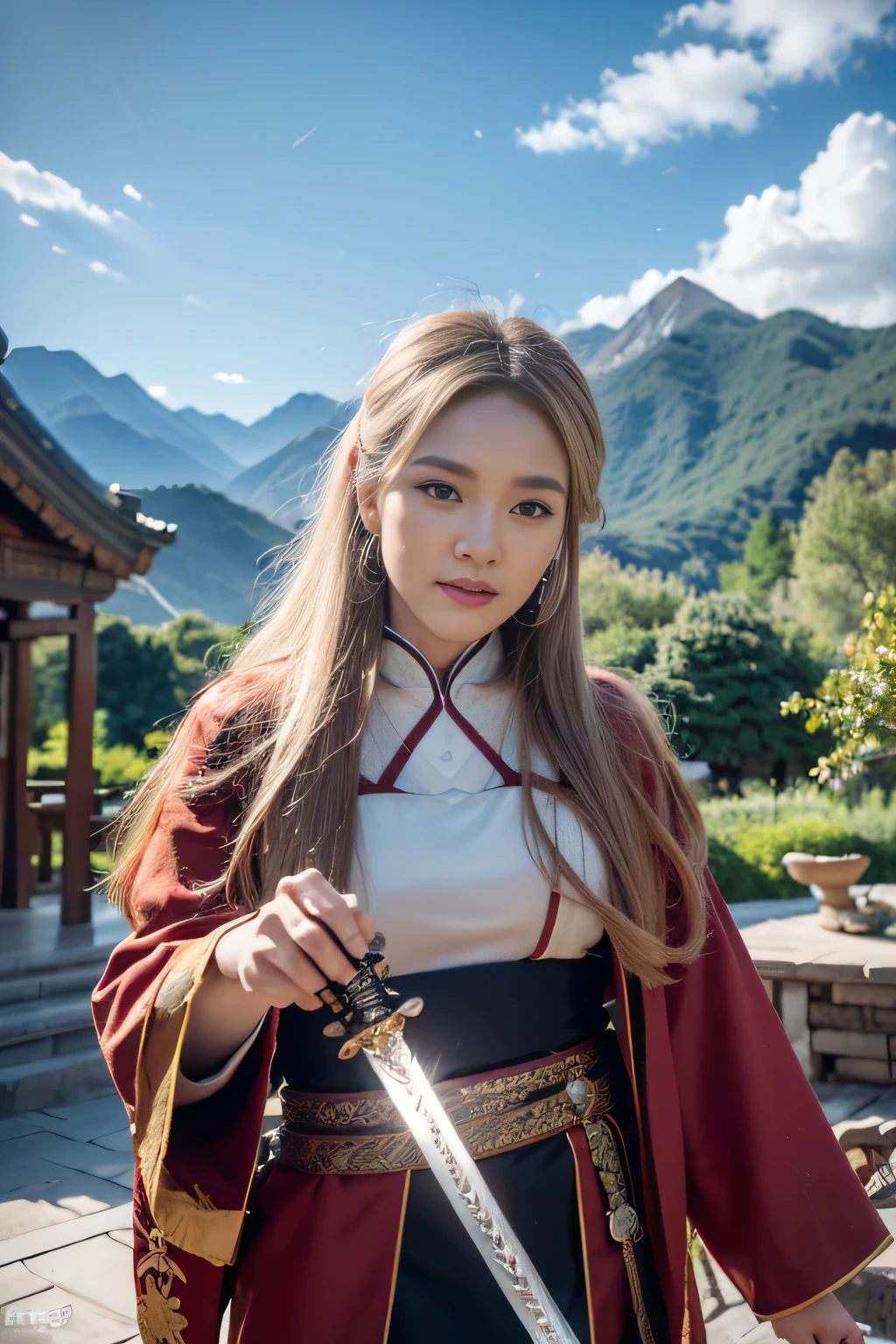 UHD,masterpiece,award winning,best quality,highres,8k,high details,(A woman:1.6),Perfect face,long black hair,Chinese ancient hair accessories,blonde hair accessories,(Face the lens:1.4),(Handheld sword:1.5),Hand-held scabbard,ancient chinese robes,Martial arts,outlaw star,bougu,jump up,There's a dragon behind,Chinese Dragon,Patron saint,The background is mountains and trees,Mountain,Pavilion,pine tree,Bright Sky,white cloud,a cloudy sky,loong,,ancient oriental architecture,ancient chinese architecture,