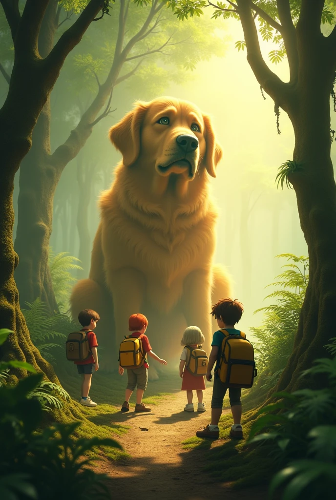 1. style: "3d", "Fantasy Illustration", "Ghibli style"
2. scene: "mysteriousな森", "Foggy forest"
3. character:
- "Huge, fat, cute golden retriever"A shocked look - "Five little adventurers with backpacks。
4. illumination: "Fantastic Light", "wood々Light coming in from between"
5. tone: "暖かなtone", "Green and gold contrast"
6. details:
- "苔むしたwoodの根"
- "Fern plants"
- "Forest Path"
-"You can see the dog looking depressed behind the adventurer."
-One of the adventurers faces forward、7. He looks very bothered.. composition: "Tiny adventurers versus giant animals"
8. atmosphere: "mysterious", "Inspire your sense of adventure", "Fantasy"
9. texture: "Soft coat", "Bark detail"
10. time zone: "In the morning haze" or "At dusk"