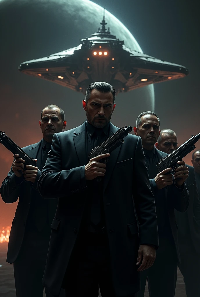 powerful mafia family with guns in their hands and black suits. with the space background with a spaceship behind the men