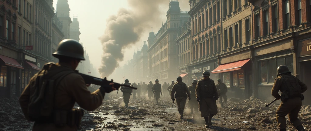 1940; (masterpiece, best quality) destroyed city (london)army attacking a city
