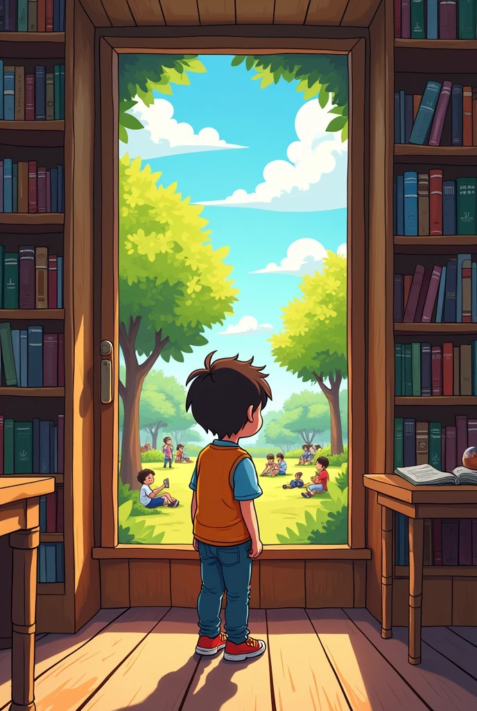 Please can you make me a cartoon where a boy with his back turned is in a library and he gets up and walks towards a window. Outside you can see a park with people enjoying the day*