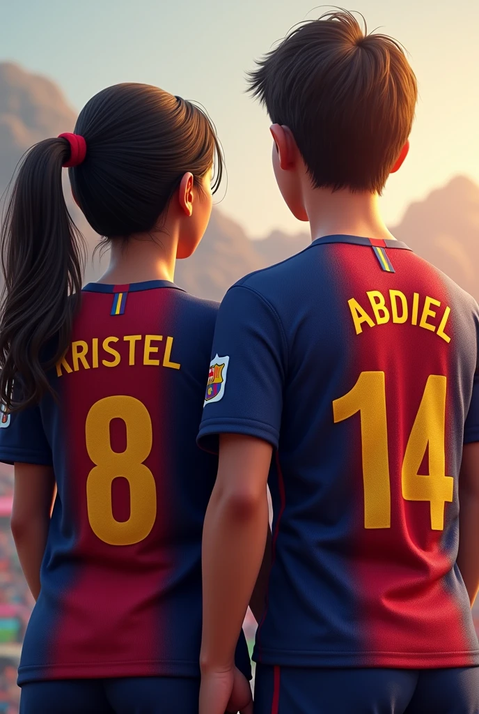 Woman and man from behind wearing the Barcelona shirt with the numbers 8 and 14 with the names Kristel and Abdiel and their hair tied to one side