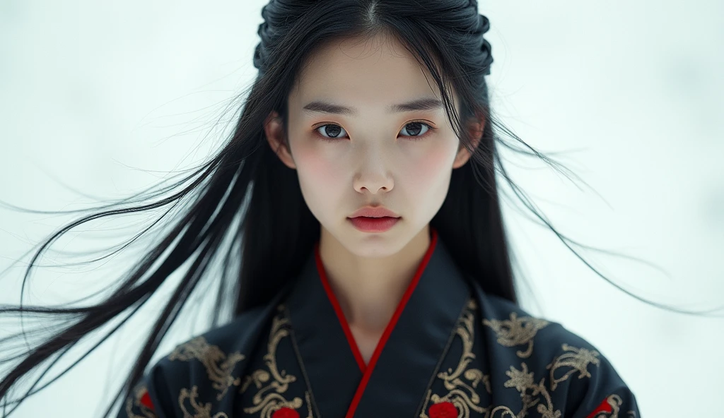 1 girl, Woman, bonitas, tenebrosa, Chinese Costume Armor, ((2.5D)), Bblack hair, floating hair, Delicate Eyes, antique black and red damask Hanfu, fov, (F1.8), (tabletop), (Portrait photo), frontal photo, white background, (cinema poster)
