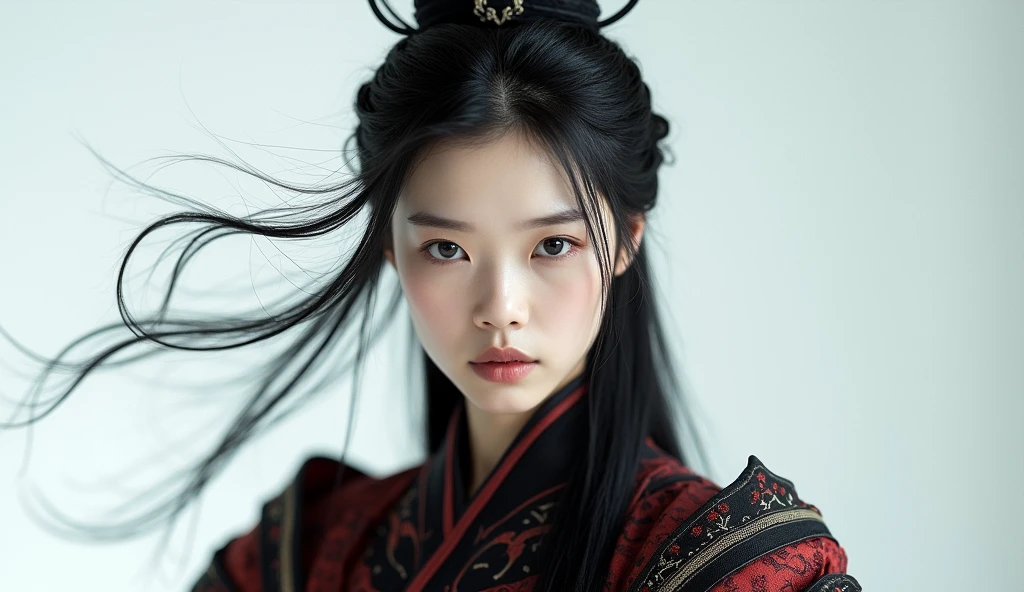 1 girl, Woman, bonitas, tenebrosa, Chinese Costume Armor, ((2.5D)), Bblack hair, floating hair, Delicate Eyes, antique black and red damask Hanfu, fov, (F1.8), (tabletop), (Portrait photo), frontal photo, white background, (cinema poster)