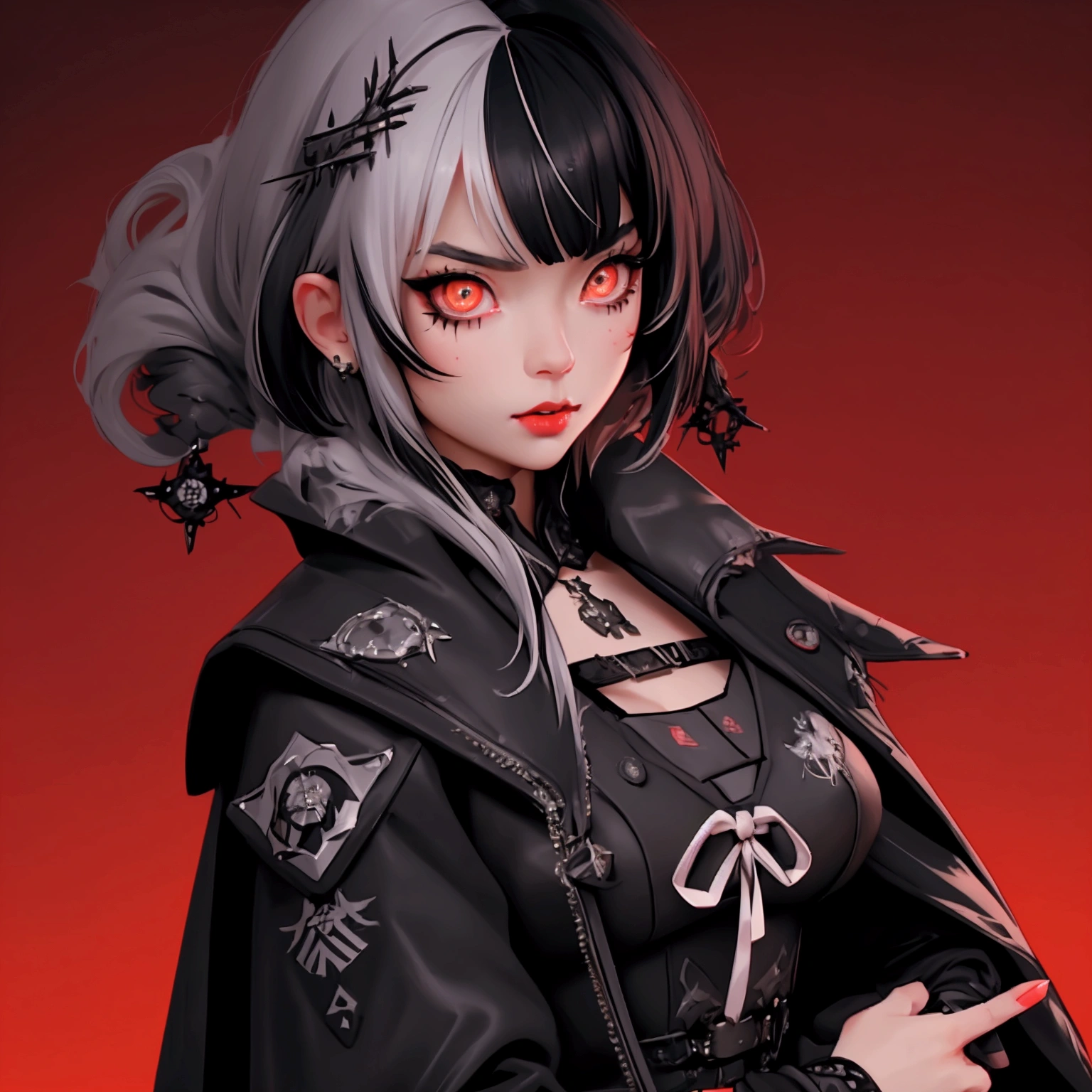 envision a 8k, highres, cinematic, close up beautiful portrait of a short girl named Shiori Novella with long black and white hair with hair ornaments, Amber eyes, wearing a goth military Lolita dress and red cape against a dark background