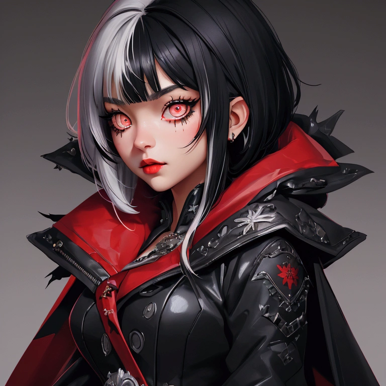 envision a 8k, highres, cinematic, close up beautiful portrait of a short girl named Shiori Novella with long black and white hair with hair ornaments, Amber eyes, wearing a goth military Lolita dress and red cape against a dark background