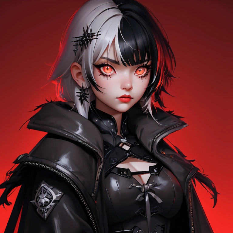 envision a 8k, highres, cinematic, close up beautiful portrait of a short girl named Shiori Novella with long black and white hair with hair ornaments, Amber eyes, wearing a goth military Lolita dress and red cape against a dark background