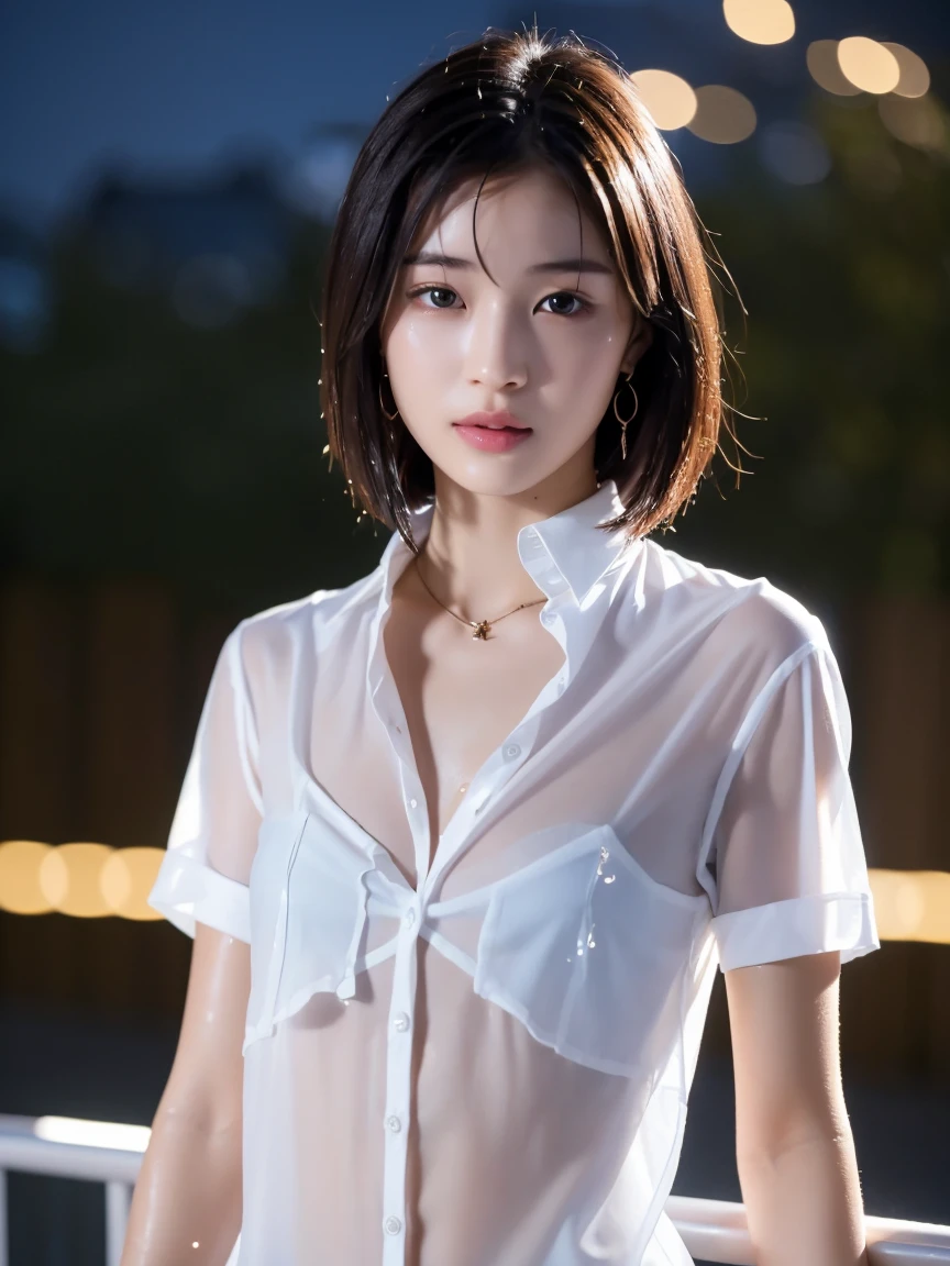 masterpiece:1.2, Very detailed, Ultra-high resolution, Realistic, photo Realistic:1.6, High-resolution RAW color photos, Professional photos, Sharp focus:1.2, Very detailed顔と肌の質感, Very beautiful eyes, Glossのある肌, Glowing Skin, Glowing Skin, Shining Face, Gloss, Oily skin, greasy face, Oily skin, greasy face,, real Glossのある肌 texture, Perfect Anatomy, Very detailed背景,(Luxury resort at night),1 female,2 woman, Japanese women,height: 168cm,short hair, Straight hair, bangs, Brown Hair,((Flat Chest:1.6)), (See-through white sleeveless shirt、See-through white mini skirt),(A wet and very transparent shirt:1.6、A wet and very transparent skirt:1.6),(Shirt with open front:1.5),Luxury earrings、Luxury Necklace、A wet and very transparent shirt、A wet and very transparent shirt、A wet and very transparent skirt、A wet and very transparent skirt、Invite to sex