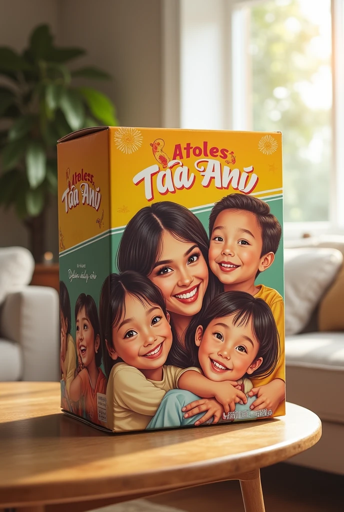 Product box with woman and 3 happy children and in the background they are in a house, with the logo Atoles Tia Ani
