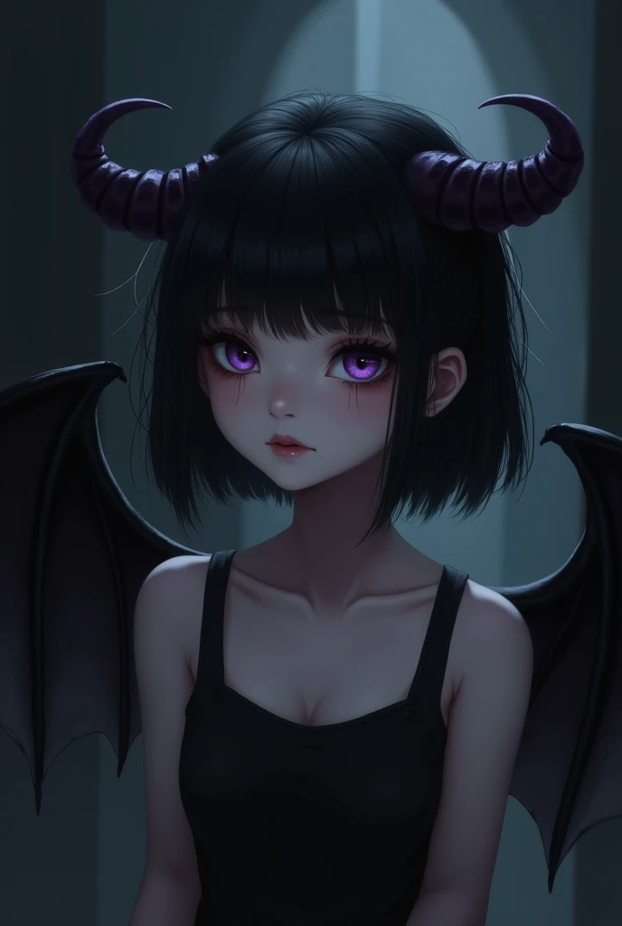 A girl with black hair and brown bangs in the dark, with black pigtails and purple eyes. Short clothes and demon wings.