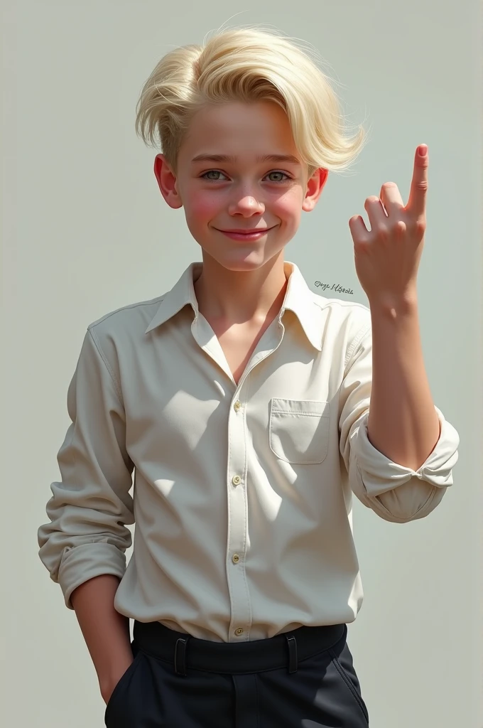 DRACO MALFOY with a splendid smile and white shirt. realist. ager giving the middle finger