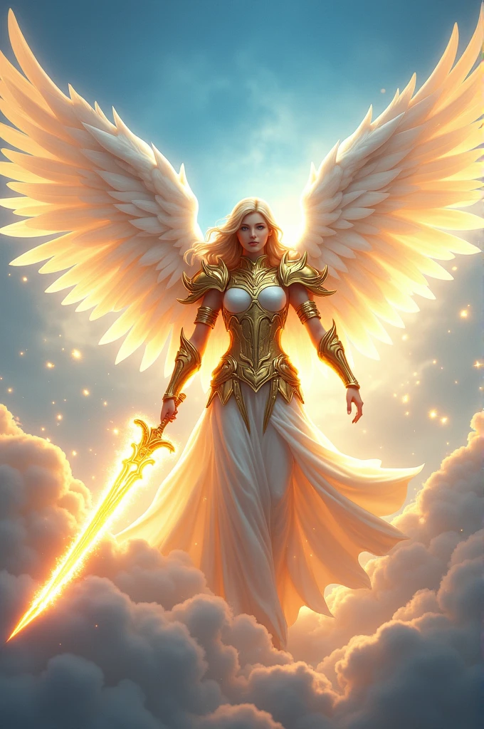 Angel with white wings and golden armor blue eyes and blond hair sword of fire