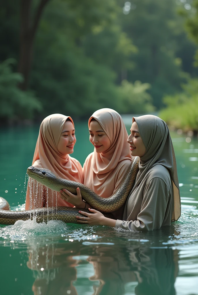 3 hijab women playing in the water wrapped around a large snake