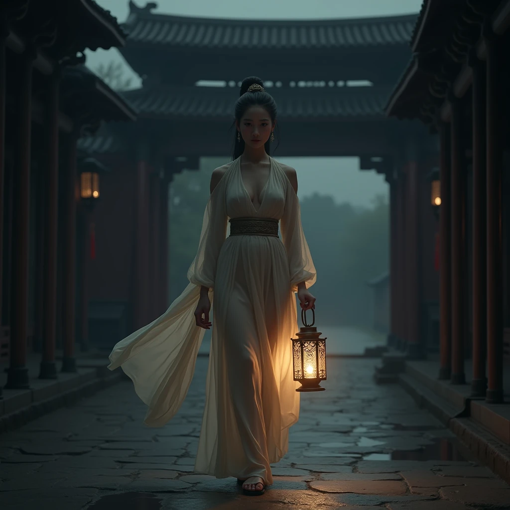 A real person in ancient China during the Tang Dynasty, Han Fu. A naked young woman walks with a lantern on the city streets, stopping in front of the gate of a large mansion. The atmosphere is dark and quiet, with only the light from the lantern.