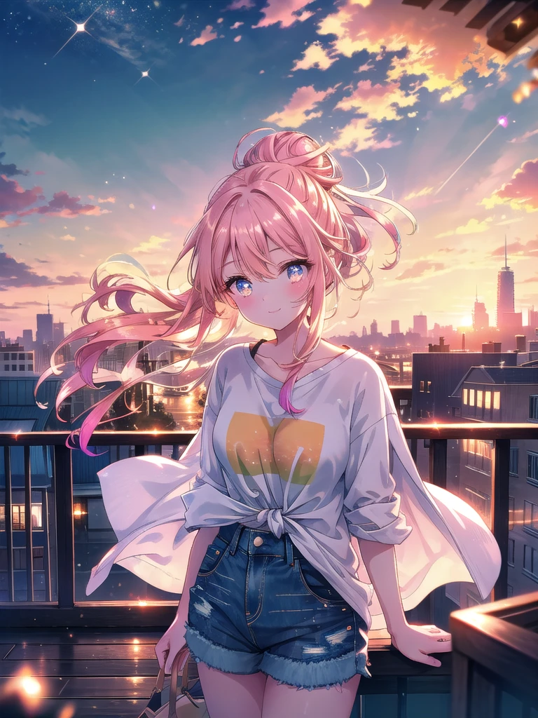 ((8k, Highest quality, masterpiece: 1.3)),Ultra-high resolution,(1 girl, alone), (Color changing eyes, Ultra-detailed, Expressive brilliance, Glitter, Glowing Eyes), Highly detailed eyes, Highly detailed face, Random Hair, ((pastel colour))Sunset Rooftop Moments
The woman is standing on a rooftop terrace, the city skyline glowing with the colors of the setting sun. She’s leaning on the railing, dressed in a casual striped t-shirt and high-waisted denim shorts. Her hair is tied in a loose bun, with a few strands gently blowing in the evening breeze. She turns her head to look at the camera, a serene smile on her face, her eyes reflecting the warm hues of the sunset. The soft light bathes the scene in a golden glow, creating a peaceful and intimate atmosphere.