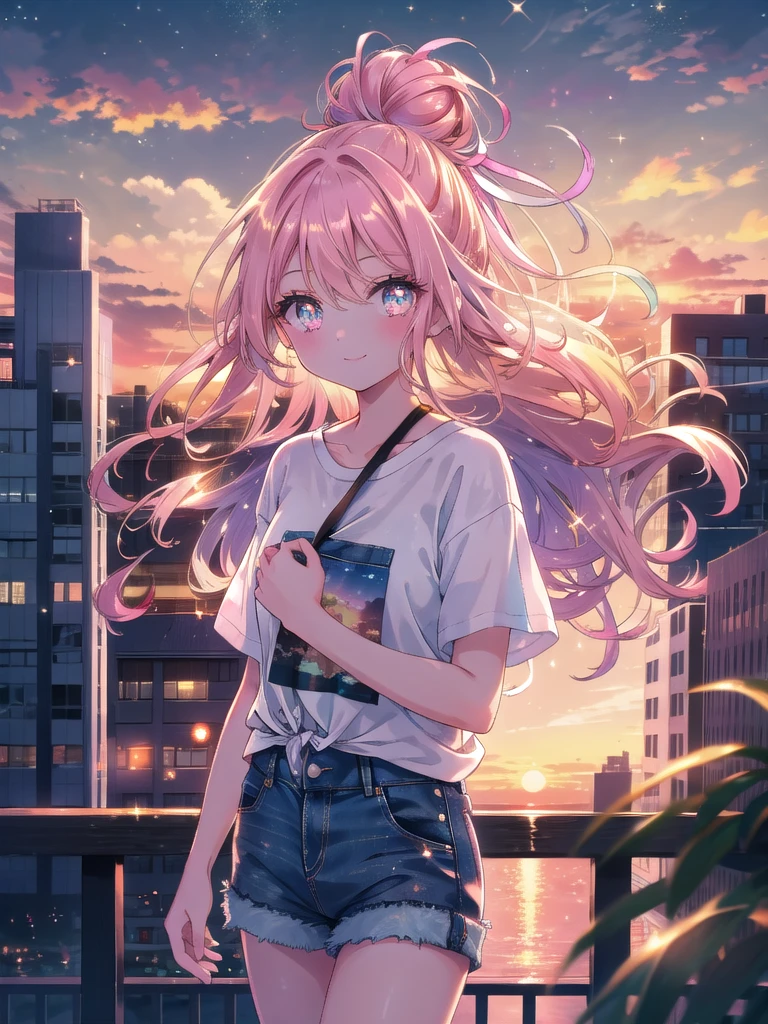 ((8k, Highest quality, masterpiece: 1.3)),Ultra-high resolution,(1 girl, alone), (Color changing eyes, Ultra-detailed, Expressive brilliance, Glitter, Glowing Eyes), Highly detailed eyes, Highly detailed face, Random Hair, ((pastel colour))Sunset Rooftop Moments
The woman is standing on a rooftop terrace, the city skyline glowing with the colors of the setting sun. She’s leaning on the railing, dressed in a casual striped t-shirt and high-waisted denim shorts. Her hair is tied in a loose bun, with a few strands gently blowing in the evening breeze. She turns her head to look at the camera, a serene smile on her face, her eyes reflecting the warm hues of the sunset. The soft light bathes the scene in a golden glow, creating a peaceful and intimate atmosphere.