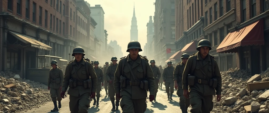 1940; (masterpiece, best quality) destroyed city (New York) soldiers marching through the streets