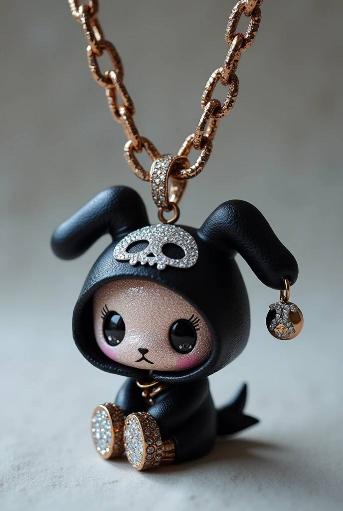 A Cuban-style chain necklace with a pendant featuring Kuromi is a fictional character. She is a naughty and slightly rebellious bunny who is part of the My Melody universe.. Kuromi has a unique appearance with a black hood with a skull design and a black demon tail.. His birthday is on October 31st, and Halloween.
 Kuromi is known for her tomboy attitude and punk style.. Original Kuromi Made of diamonds diamond scraps facing forward.