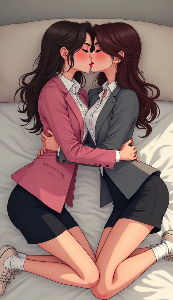 Two young women, yuri, lesbian, pink suit white shirt black pencil skirt, grey suit white shirt black pencil skirt, white socks, white adidas sneakers, hugging, closed eyes, french kiss, lesbian kiss, sensual body, lying on the bed, bedroom, cartoon novel, 4K, HD