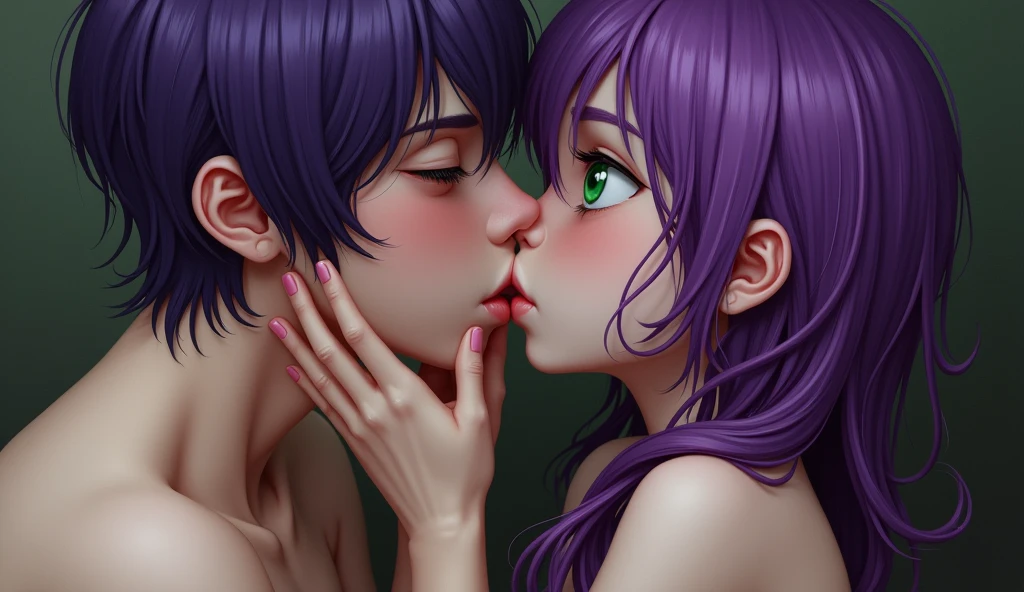 A naked purple haired green eyed girl kissing a naked purple haired purple eyed boy