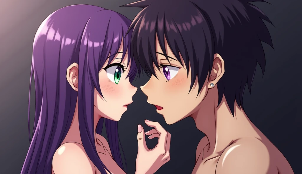 A naked purple-haired, green-eyed girl sucking a naked purple-haired, purple-eyed boy&#39;s penis