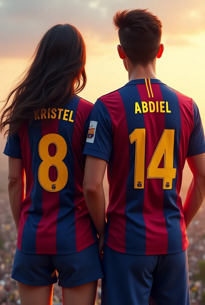 Woman and man from behind wearing the Barcelona shirt with the numbers 8 and 14 with the names Kristel and Abdiel and their hair tied to one side