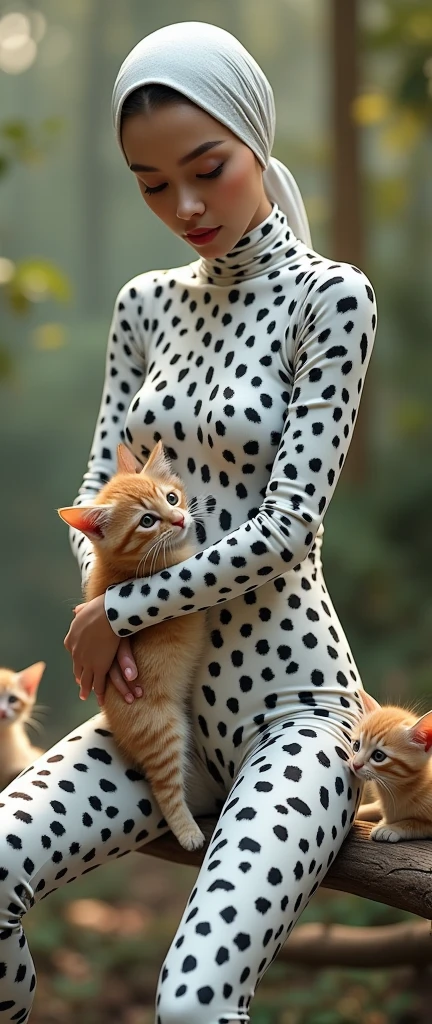 the beautiful,slender thin and prettiest Asian and Malaysian muslimah adult girl with beautiful cheeks wears white leopard print lycra turtleneck unitard catsuit covered with black seamless spots and always wear white leopard print lycra elastane stretchy dance wear hijab covered with black seamless spots.She rears her pet cat and kittens.
