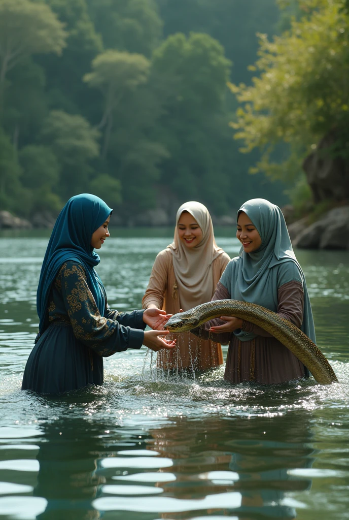 3 hijab women playing in the water wrapped around a large snake