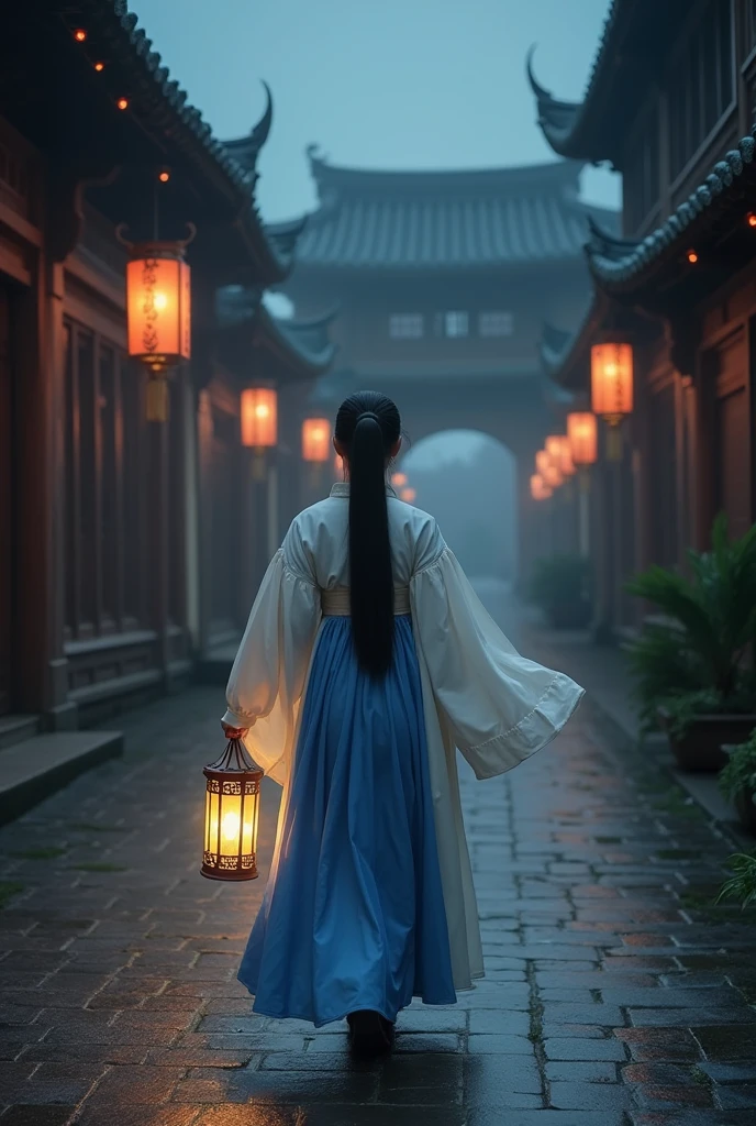 A real person from ancient China during the Tang Dynasty, Han Fu Dynasty. A young woman in a white and blue dress is walking with a lantern on a city street, stopping in front of the gate of a large mansion. The atmosphere is dark and quiet, with only the light from the lantern.