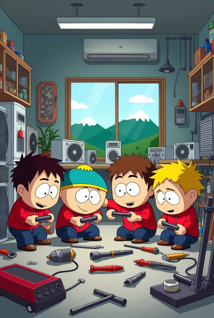 Make a drawing of the South Park series in which only the four main characters appear while they are playing with tools in an air conditioning repair workshop in which there are air conditioners., Refrigerators and work tools on the floor or tables
