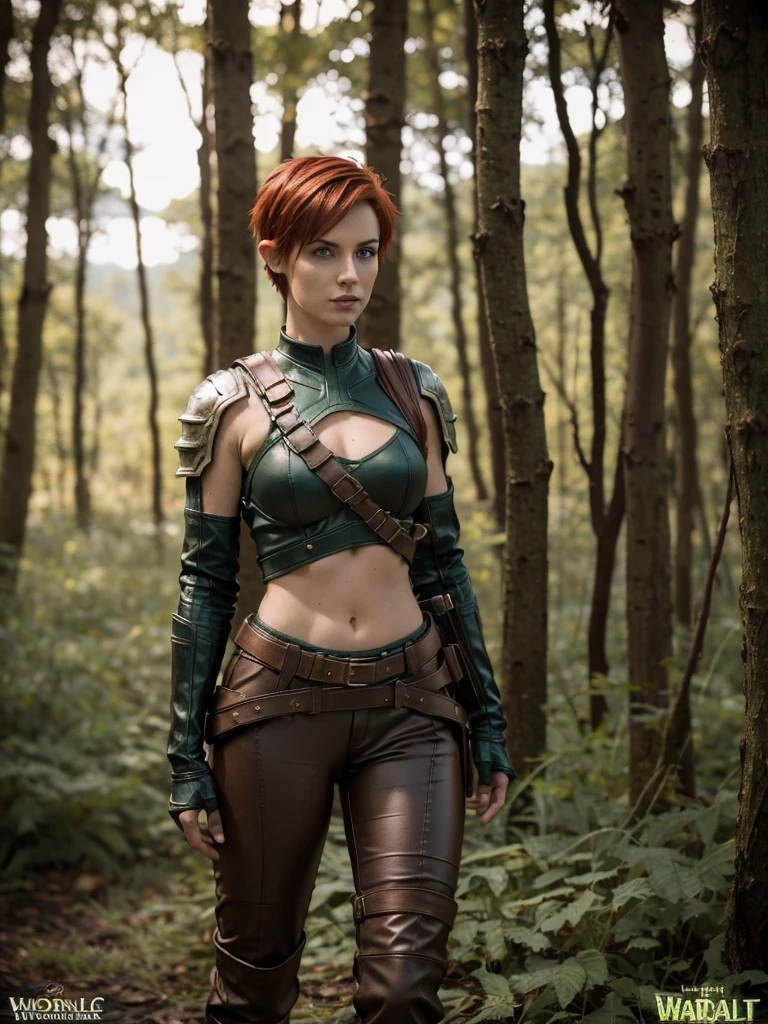 slim feminine figure, redhead, best quality, realistic skin texture, photography, film grain texture and high contrast, extremely high-resolution details, photographic, photorealistic, hyper-realistic, HDR, masterpiece, ((short pixie hair)), dressed up as a hunter from world of warcraft, full hunter armor, a green lust forest in the background, brown pants, armored shoulder-pads