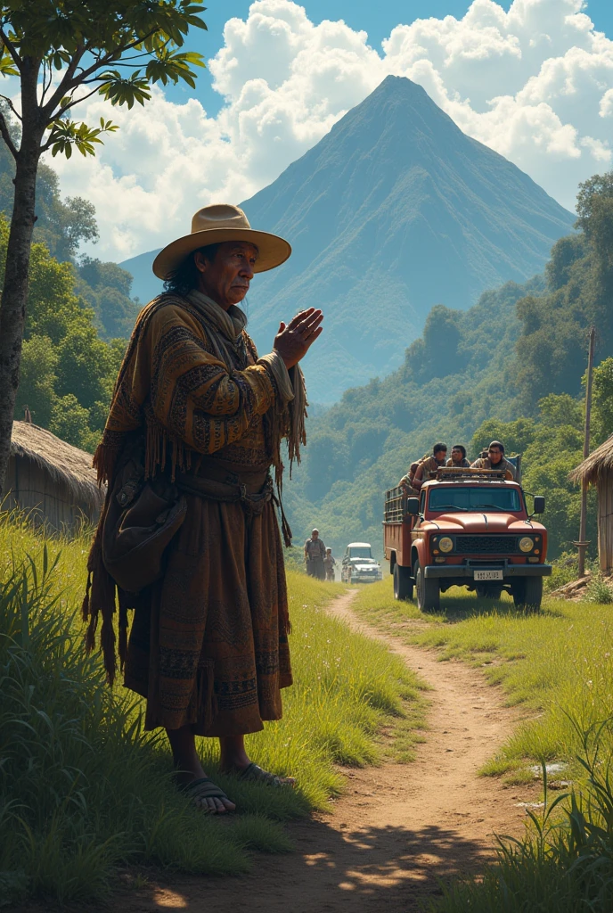 Taita Kuri, an old man with wise eyes and skin tanned by the years, Every morning he climbed to the foot of Mama Urcu to offer prayers to the sacred mountain.. One day, The calm of Pucará was interrupted by the arrival of strangers in noisy vehicles, Attracted by rumors of gold in the depths of the mountain. His presence filled the people with unrest, foreshadowing an impending conflict.