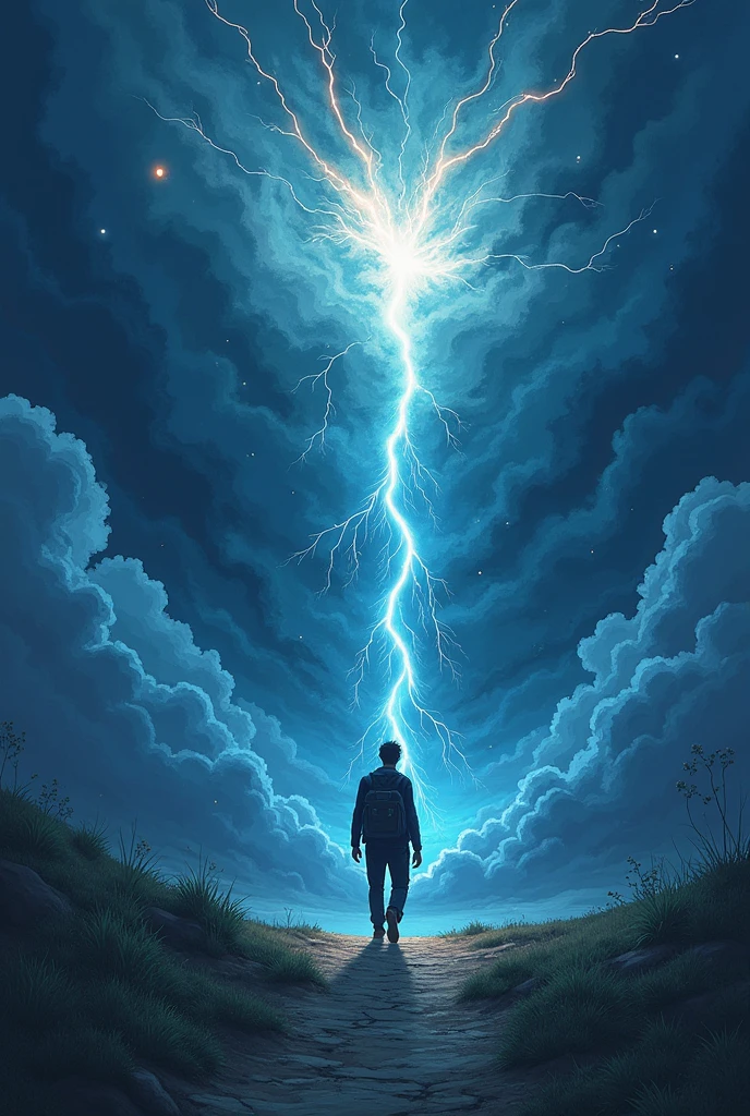 
Anime of a man walking on a path leading to the sky, he carries shadows on his back and stars fall from the sky. This sky is stormy with lightning and thunder.