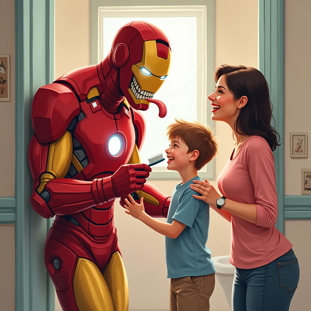 This image shows a lighthearted and somewhat humorous scene where Ironman, a character known for being menacing, is standing alongside a mother and her child. The mother is smiling warmly, and the child is brushing their teeth, also smiling. Ironman, with his signature large, toothy grin and long tongue, is leaning in close, holding a toothbrush, adding a funny twist to what would otherwise be a normal family moment. The contrast between Ironman intimidating appearance and the everyday activity of brushing teeth creates a quirky and memorable image.