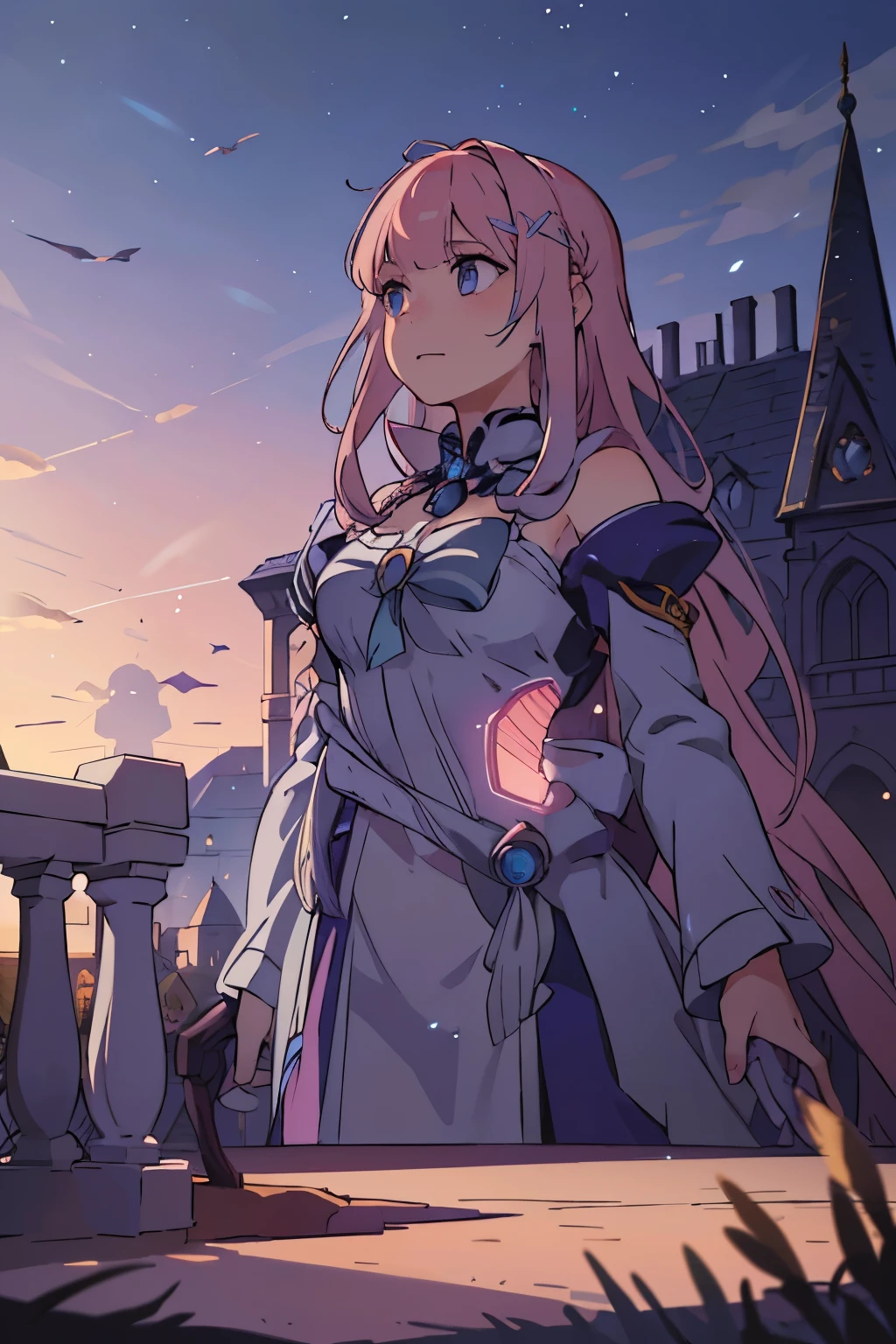 1girl, light pink hair, extremely long hair, fringe, hair clips, blue eyes, mystical dress, golden details on dress, large fantasy kingdom in the background, best quality, ultra-detailed, (photorealistic:1.37), (masterpiece:1.2), cinematic lighting, dramatic colors, cinematic composition, dramatic lighting, ethereal, magical, fantasy, surreal, elegant