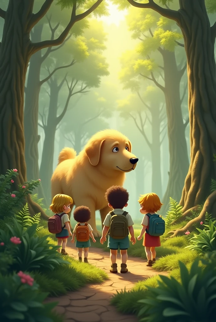 1. style: "3d", "Fantasy Illustration", "Ghibli style"
2. scene: "mysteriousな森", "Foggy forest"
3. character:
- "Huge, fat, cute golden retriever"
- "Five little adventurers with backpacks。
4. illumination: "Fantastic Light", "wood々Light coming in from between"
5. tone: "暖かなtone", "Green and gold contrast"
6. details:
- "苔むしたwoodの根"
- "Fern plants"
- "Forest Path"
-"Behind the adventurer, you can see the golden retriever looking depressed."
-One of the adventurers faces forward、7. He looks very bothered.. composition: "Tiny adventurers versus giant animals"
8. atmosphere: "mysterious", "Inspire your sense of adventure", "Fantasy"
9. texture: "Soft coat", "Bark detail"
10. time zone: "In the morning haze" or "At dusk"