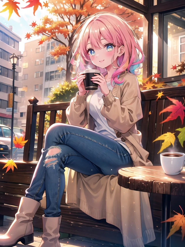 ((8k, Highest quality, masterpiece: 1.3)),Ultra-high resolution,(1 girl, alone), (Color changing eyes, Ultra-detailed, Expressive brilliance, Glitter, Glowing Eyes), Highly detailed eyes, Highly detailed face, Random Hair, ((pastel colour))Casual Coffee Date
Seated outside a quaint café, the woman is enjoying a cup of coffee on a mild autumn afternoon. She’s dressed in a cozy beige cardigan over a white t-shirt, paired with dark skinny jeans and ankle boots. Her hair is loosely curled, framing her face as she looks at the camera with a content smile. The café’s patio is surrounded by colorful autumn leaves, and the gentle rustling of leaves adds to the serene atmosphere.