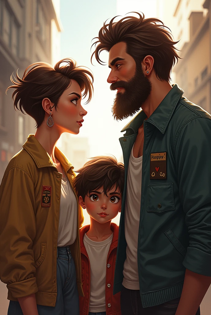 lady with short hair, A man with a brown beard and a 20-year-old young man