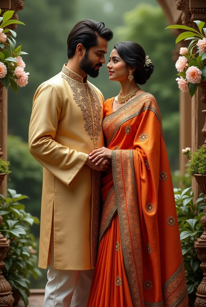 Hot indian girl in saree and handsome and Indian boy in saree matching shirt pant 