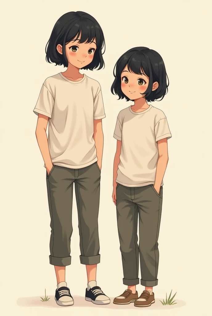 2 cute little girls with full bodies, short shoulder length hair, black hair, t-shirts and trousers, facing the front